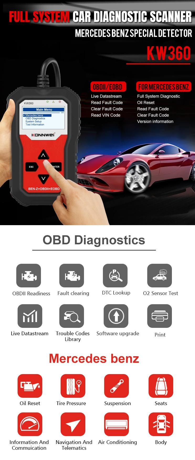 Konnwei Kw360 OBD2 Code Reader Mercedes-Benz Dedicated All System Engine ABS Brake Oil Reset Car Diagnostic Scanner Tool