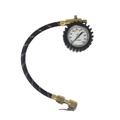 Dial Tire Air Pressure Gauge with a Rubber Hose and Clip-on Design Enables Hands-Free Chuck