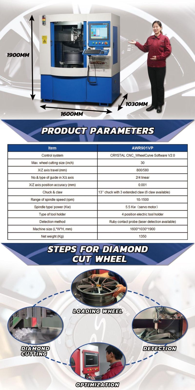 Awr901vp Torno CNC Diamond Cut Wheel Lathe Alloy Wheel Repair CNC Lathe Machine