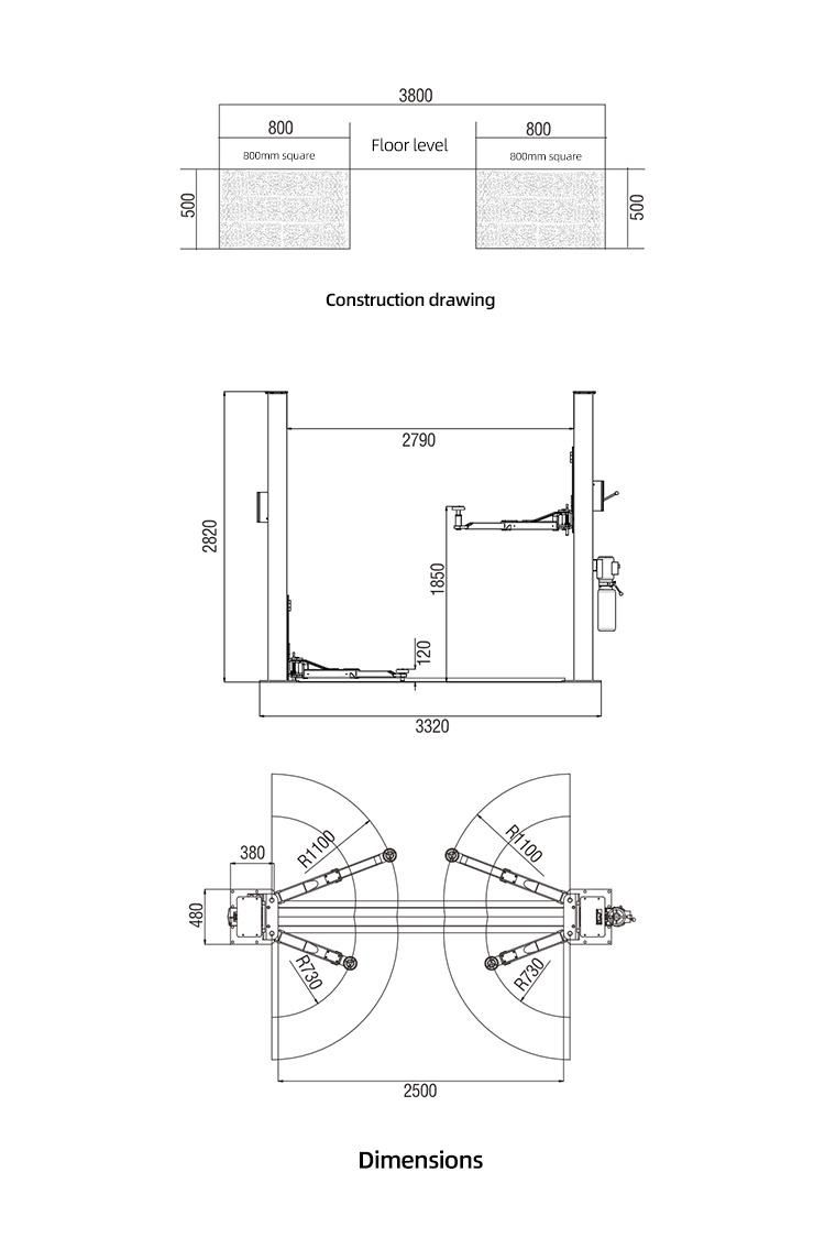 Hydraulic Aoto Two Post Car Hoist Lift Car Lifting Equipment