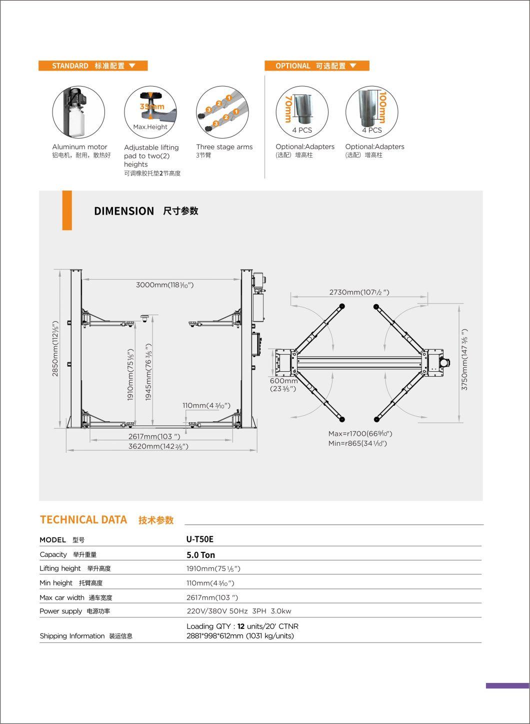 U-T50e Plate 2 Post Car Lift for Workshop Garage Car Repair Service