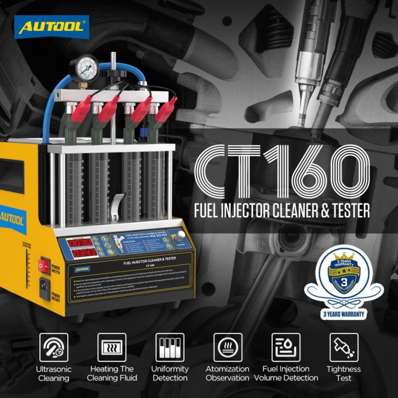Autool CT160 220V/110V 4-Cylinderscar Fuel Injector Flushing Nozzles Fuel Injector Tester Ultrasound Heating Cleaning Injectors Motorcycle