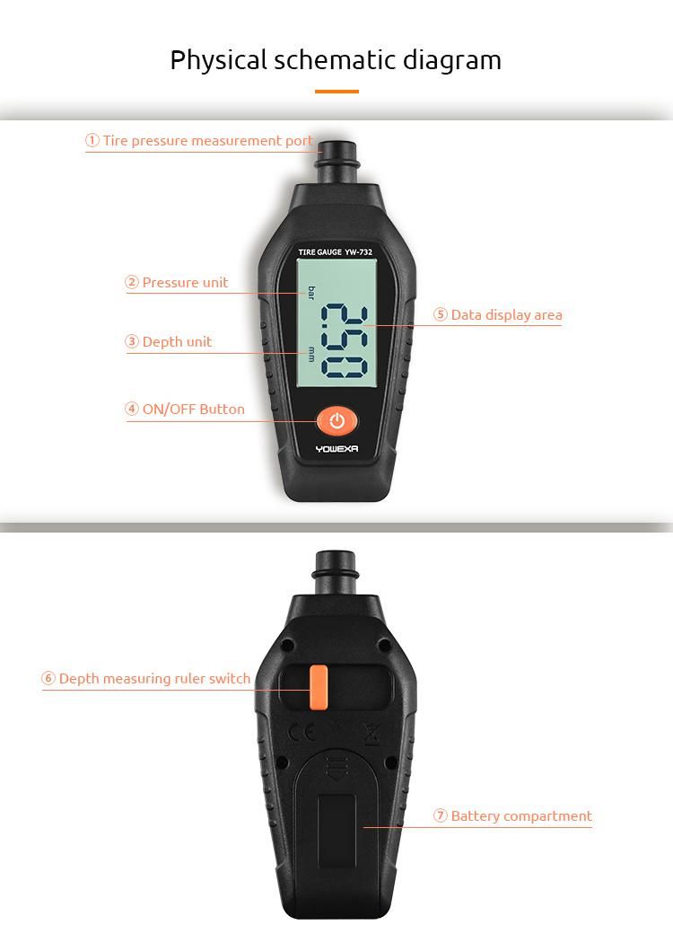 Yw-732 Instant Readings Tire Pressure Gauge Portable Tire Tread Depth Gauge