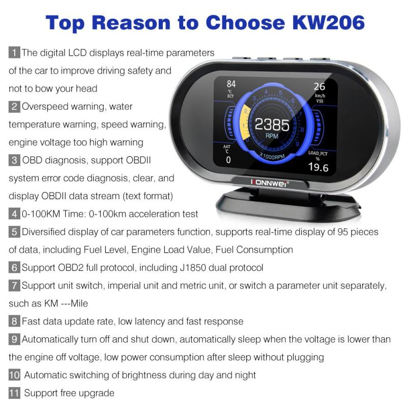 Konnwei Kw206 Car on-Board Computer Car Digital Computer Display OBD2 Scanner Fuel Consumption Water Temperature Gauge Speedometer Hud