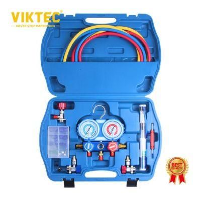 Viktec CE Car Air Conditioning Refrigerant Freon Double Valve Pressure Gauge with Seal Rings Diagnostic Repairing Tool Kit (VT01048G)