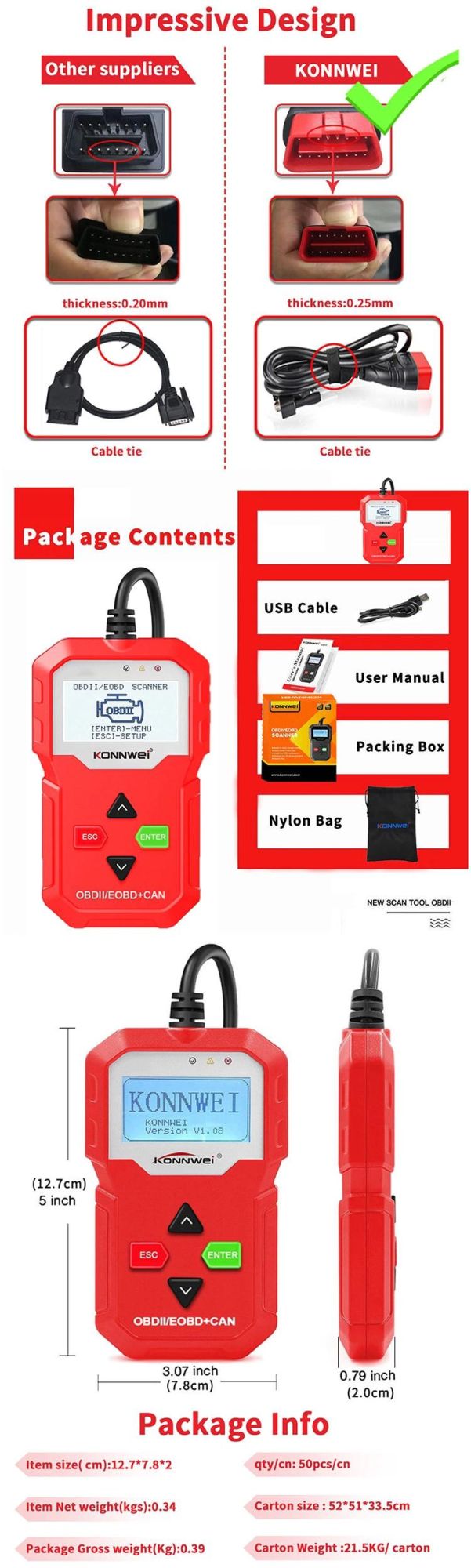 Konnwei OBD2 Scanner, Universal OBD II Auto Diagnostic Scanner Car Engine Fault Code Reader-Scan Tool