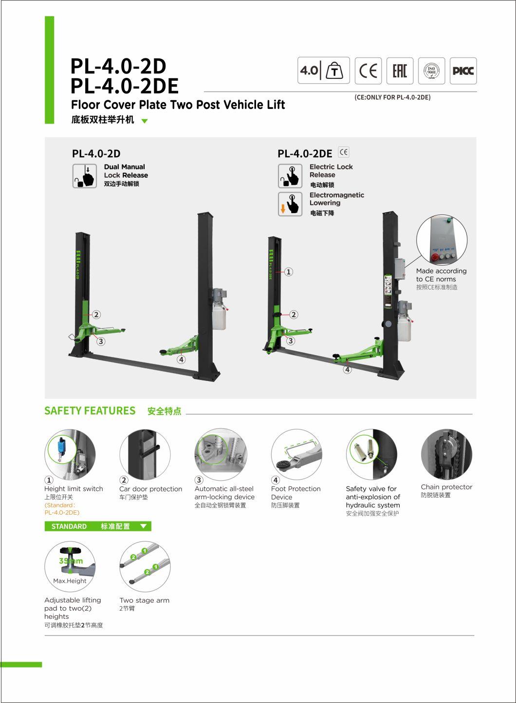 Puli Hot Sale Two Post Lift Vehicle Equipment Two Post Hydraulic Car Lift for Sale Pl-4.0-2D