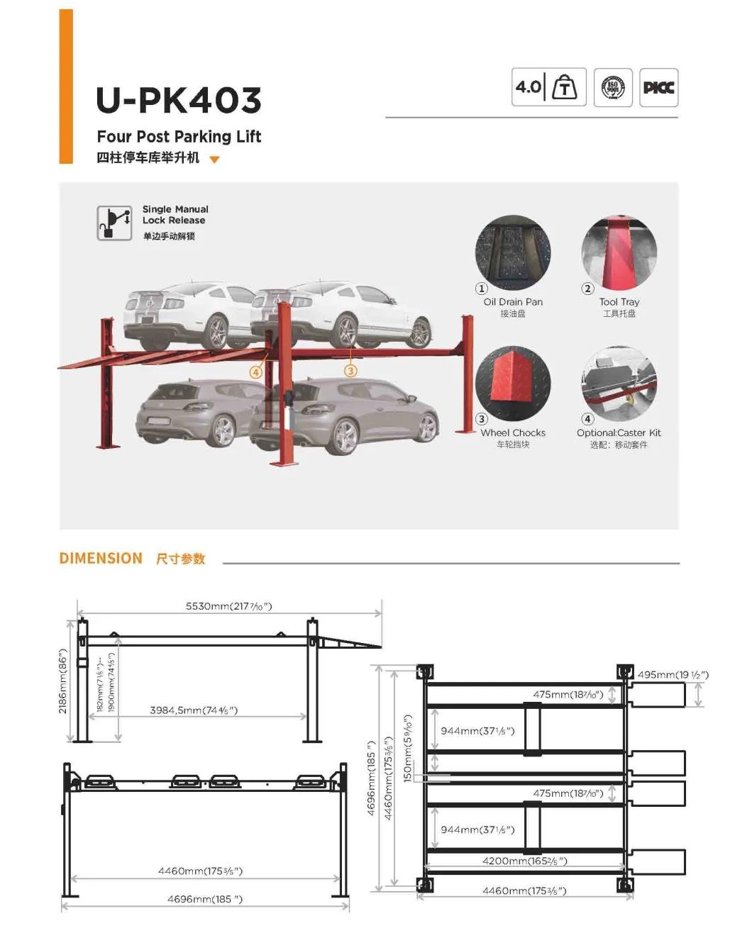 CE Approved 2 Level Four Columns Parking Lift 4 Car Stacker Parking System U-Pk403