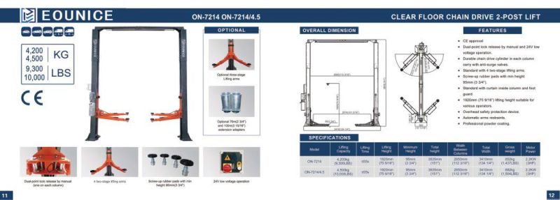 on-7214/4.5 Clearfloor 2 Post Lifts Two Side Manual Release and Dual Chain Drive Cylinders.