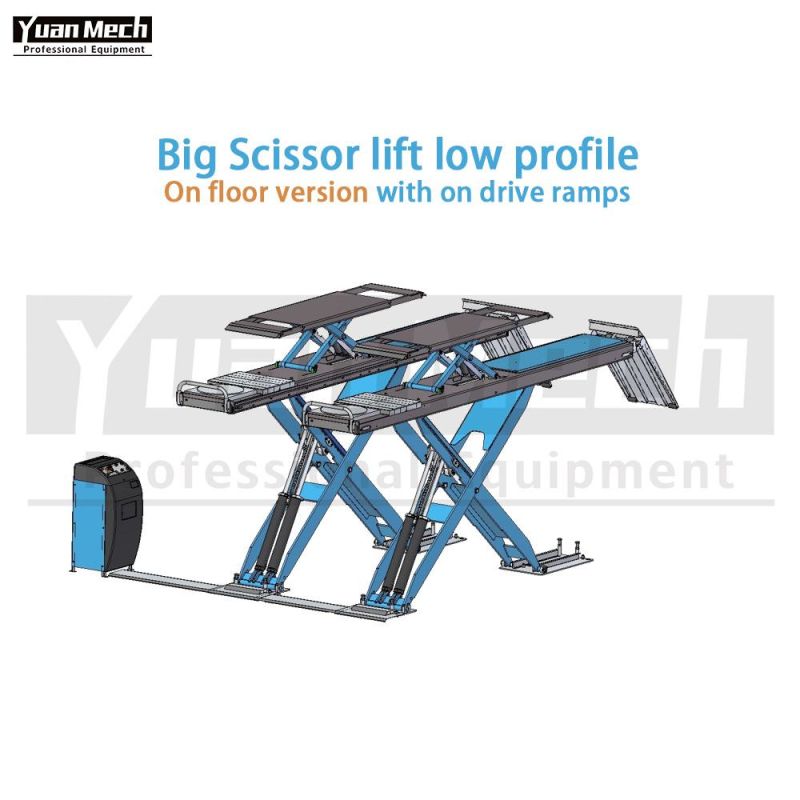 Yuanmech Bol3545wtr on Floor Big Scissor Lift for Wheel-Alignment Low Profile with Lift Table and on Drive Ramps 1.200 mm