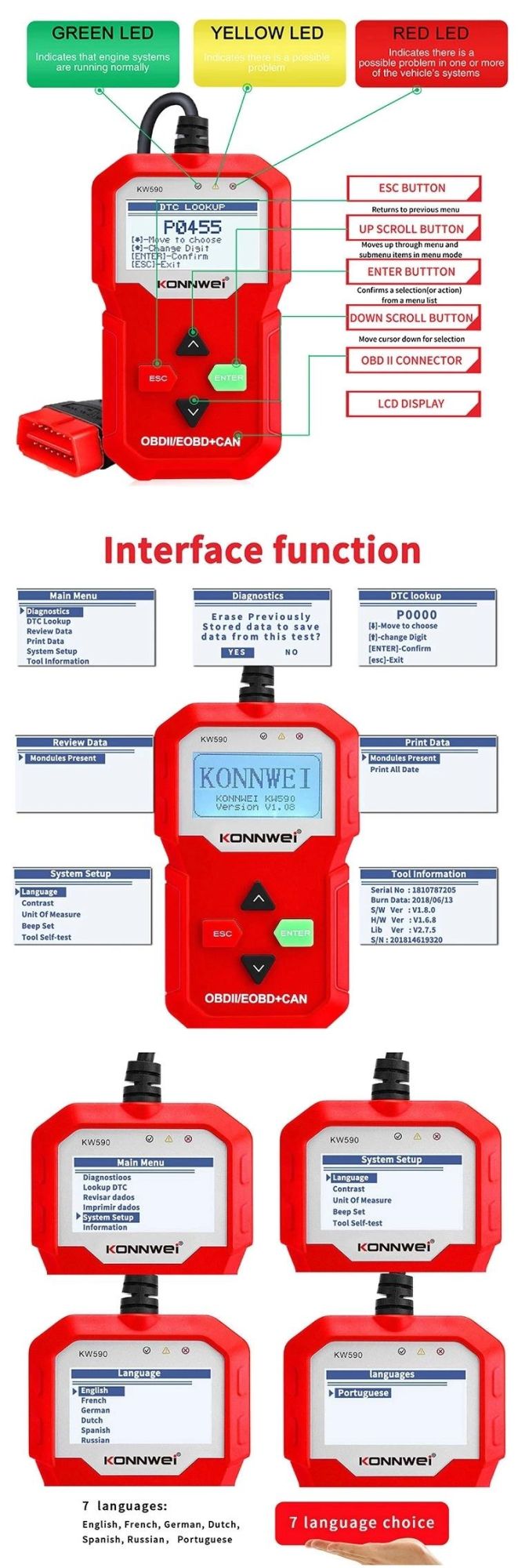 2.4 Inch Screen Konnwei Universal Auto Diagnostic Tool OBD2 with Printer