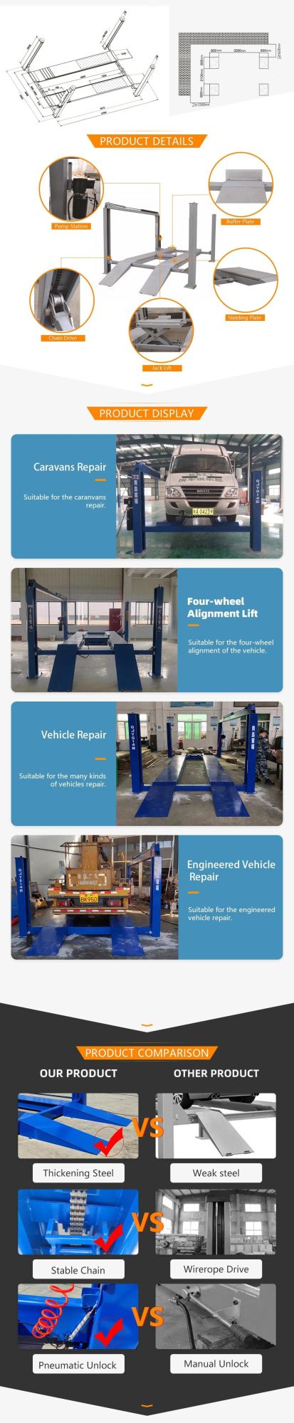 Aofu Best 4 Pole Hoist Garage Hydraulic Lift Four 4 Post Car Lift for Wheel Alignment