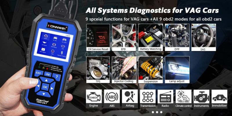 Konnwei Kw450 OBD2 Diagnostic Tool for VAG Cars VW Audi ABS Airbag Oil ABS Epb DPF SRS TPMS Reset Full Systems Scanner VAG COM