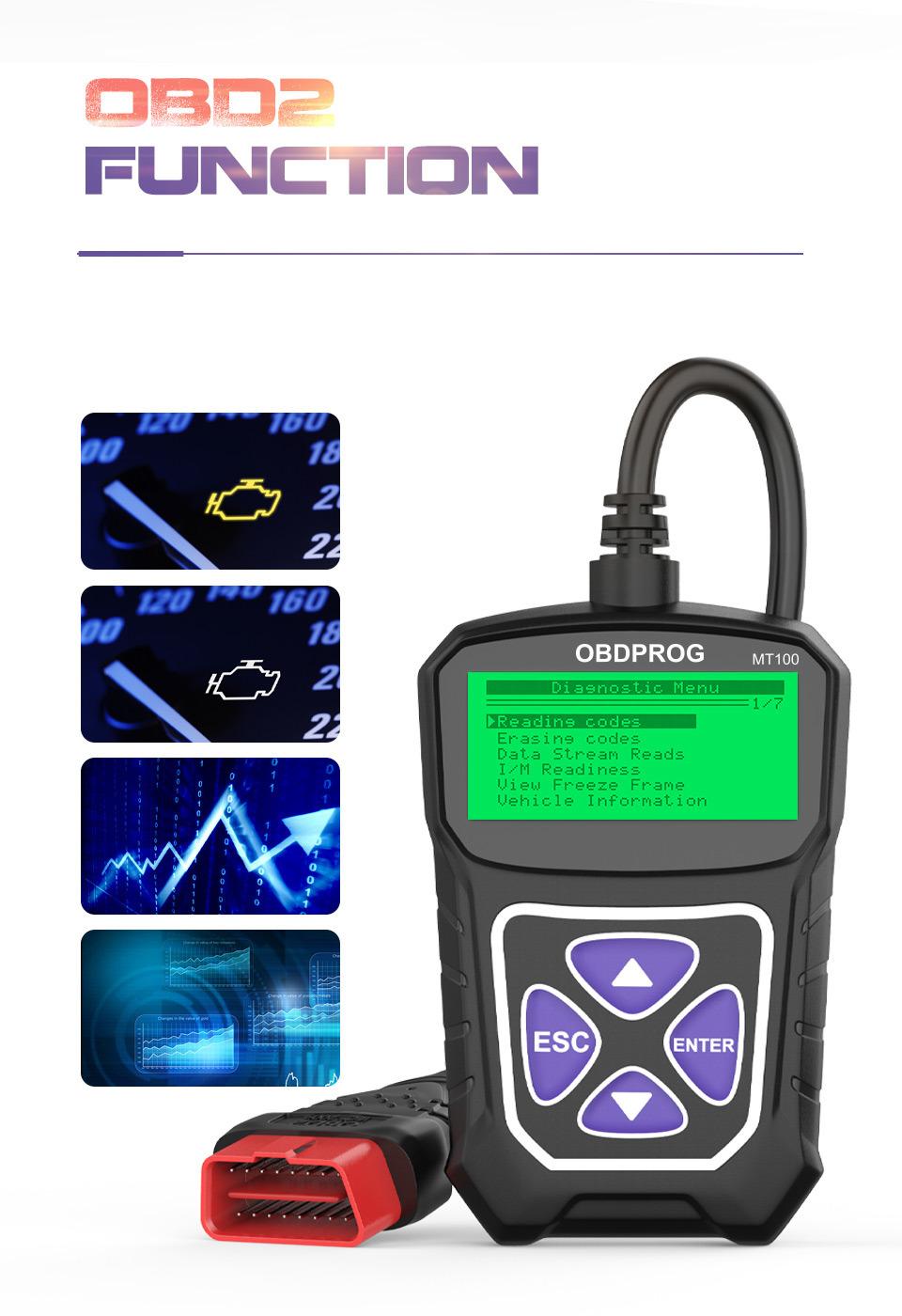 Obdprog Mt100 OBD2 Automotive Scanner Professional Code Reader Scanner Tool Auto Car Diagnostic Tool Eobd Engine Check Pk Elm327