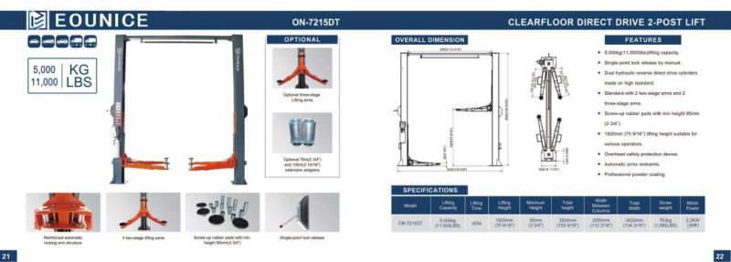 Clear Floor Two Post Lift Hydrau Hoist for Automobile Vehicles China Manufacturer Heavy-Duty Direct-Drive Two Post Auto Lifter