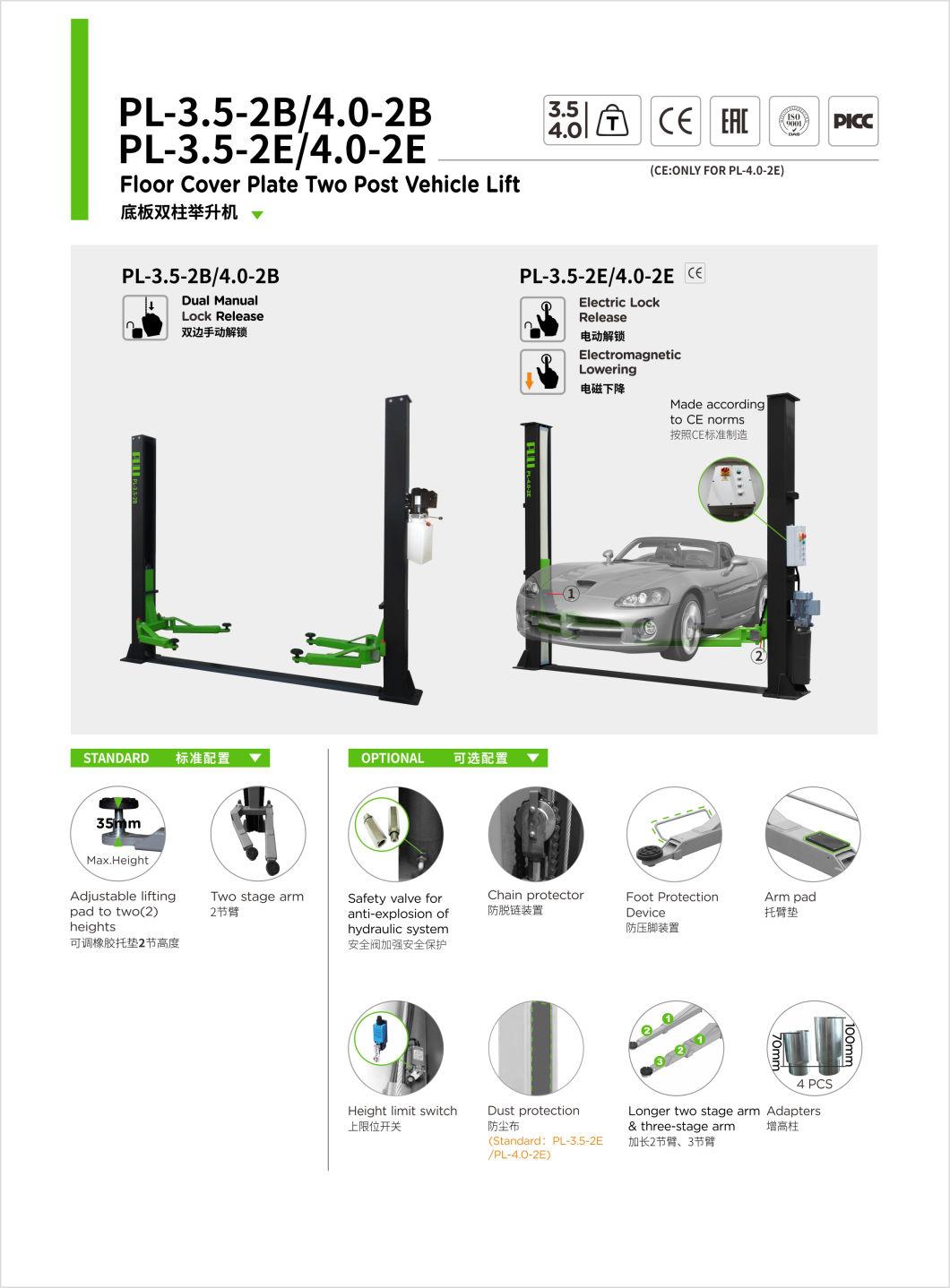 Puli Dual Manual Release 2 Post Lifts for Wholesale Floor Cover Vehicle Lift Pl-3.5-2b