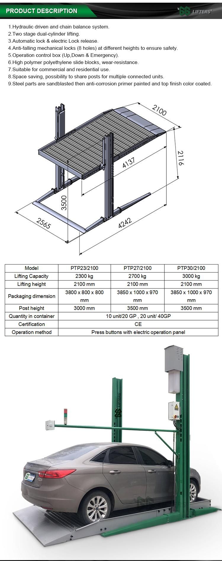 Indoor outdoor 2 two post design car parking lift CE approved