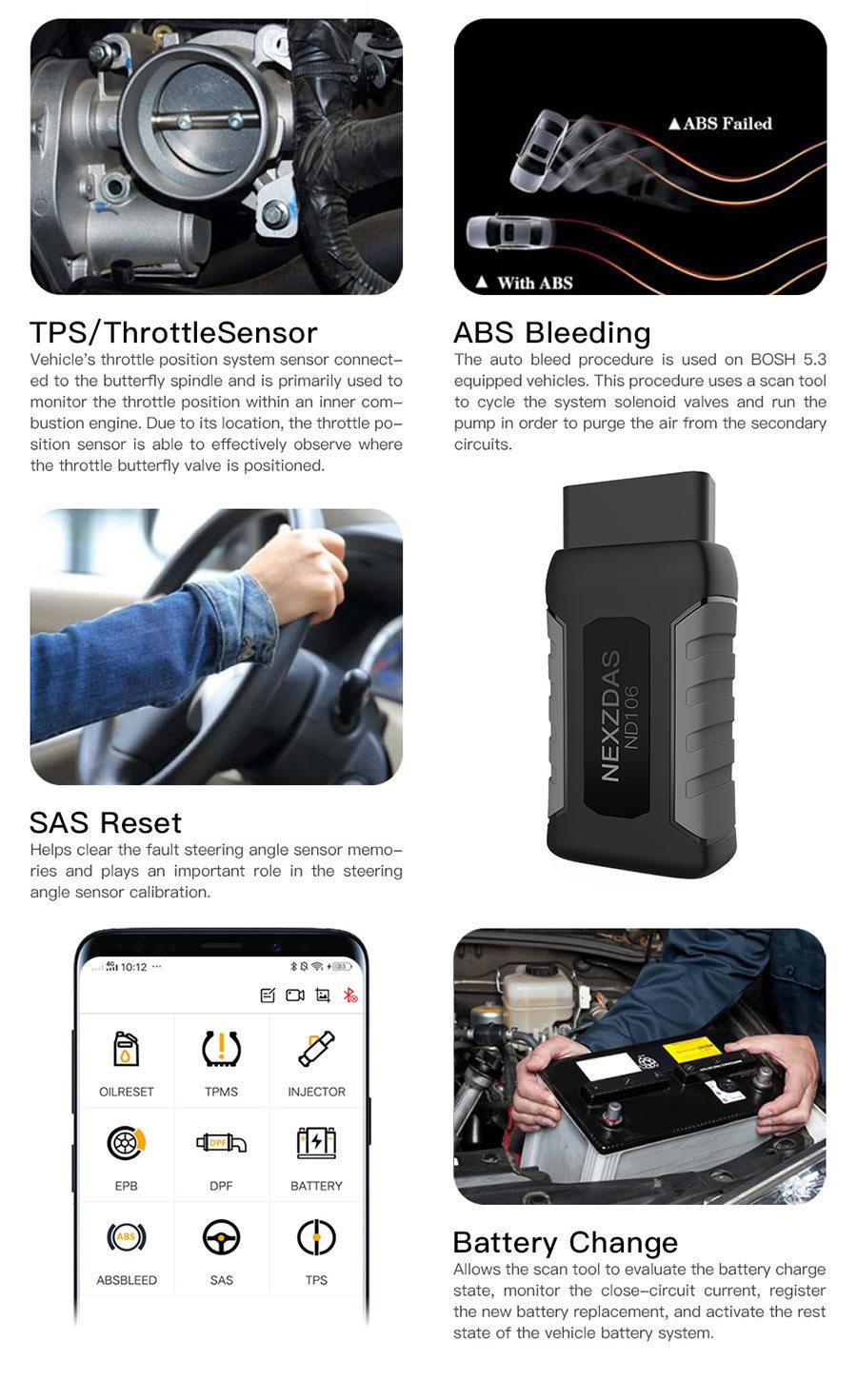 Humzor Nexzdas ND106 Bluetooth Special Function Resetting Tool on Android & Ios for ABS, TPMS, Oil Reset, DPF