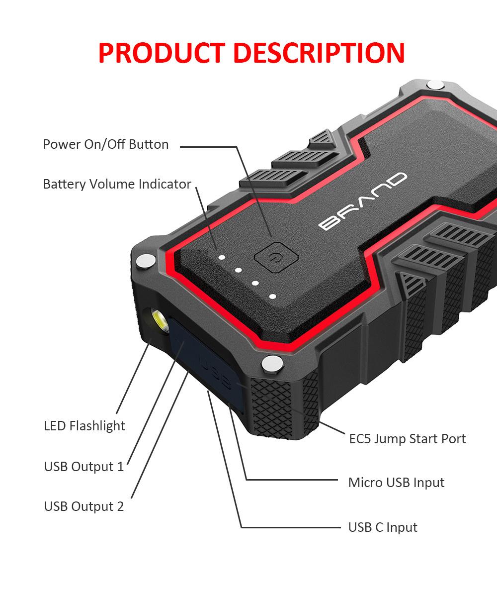 Waterproof Rugged Vehicle Battery Jump Pack Box 1200A Peak Portable Car Jump Starter