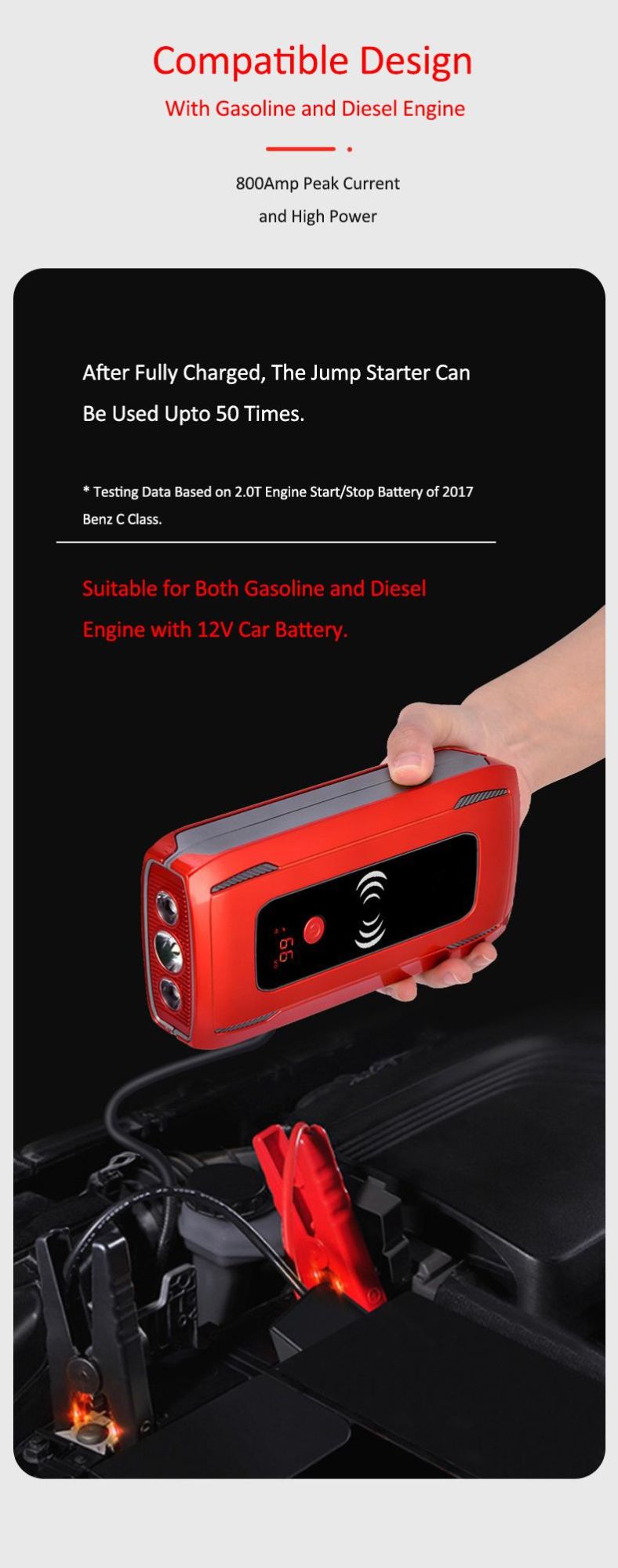 800A Peak Current Portable Lithium Vehicle Battery Pack Jump Start Box Car Jump Starter