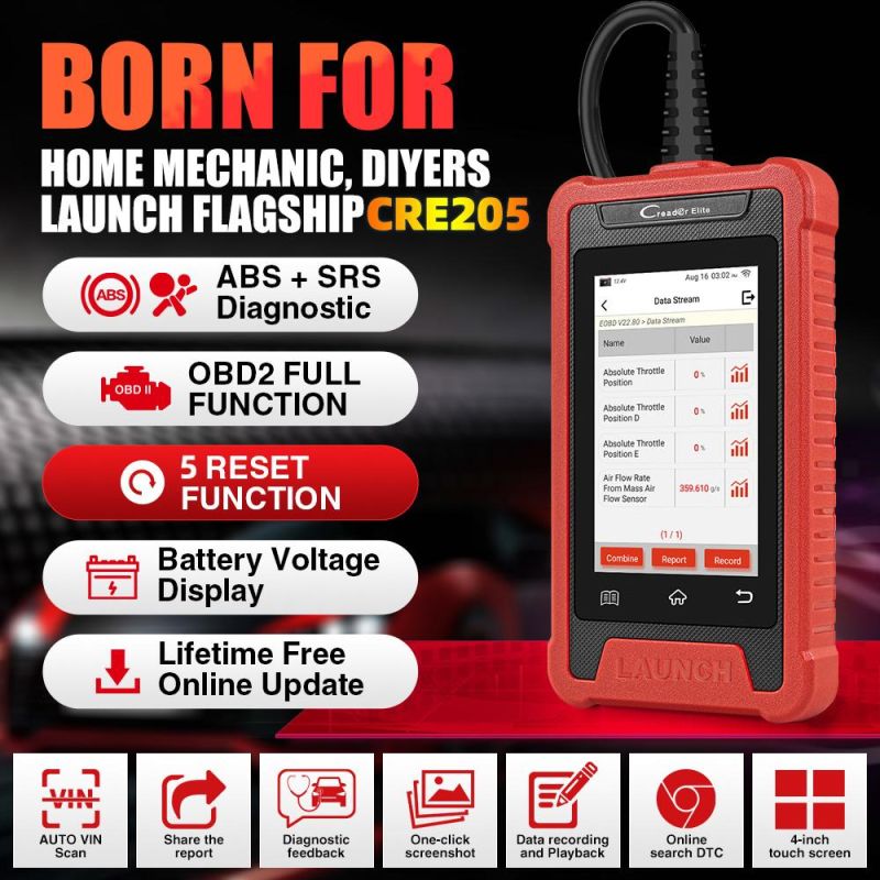 Launch X431 OBD2 Scanner Elite Cre205 Auto OBD2 ABS SRS Code Reader Diagnostic Tools Oil TPMS DPF 5 Reset Service Crp123e Cr3001