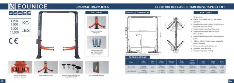 on-7214e/4.5 Clearfloor 2 Post Lift- Electrical Release and Dual Chain Drive Cylinders.