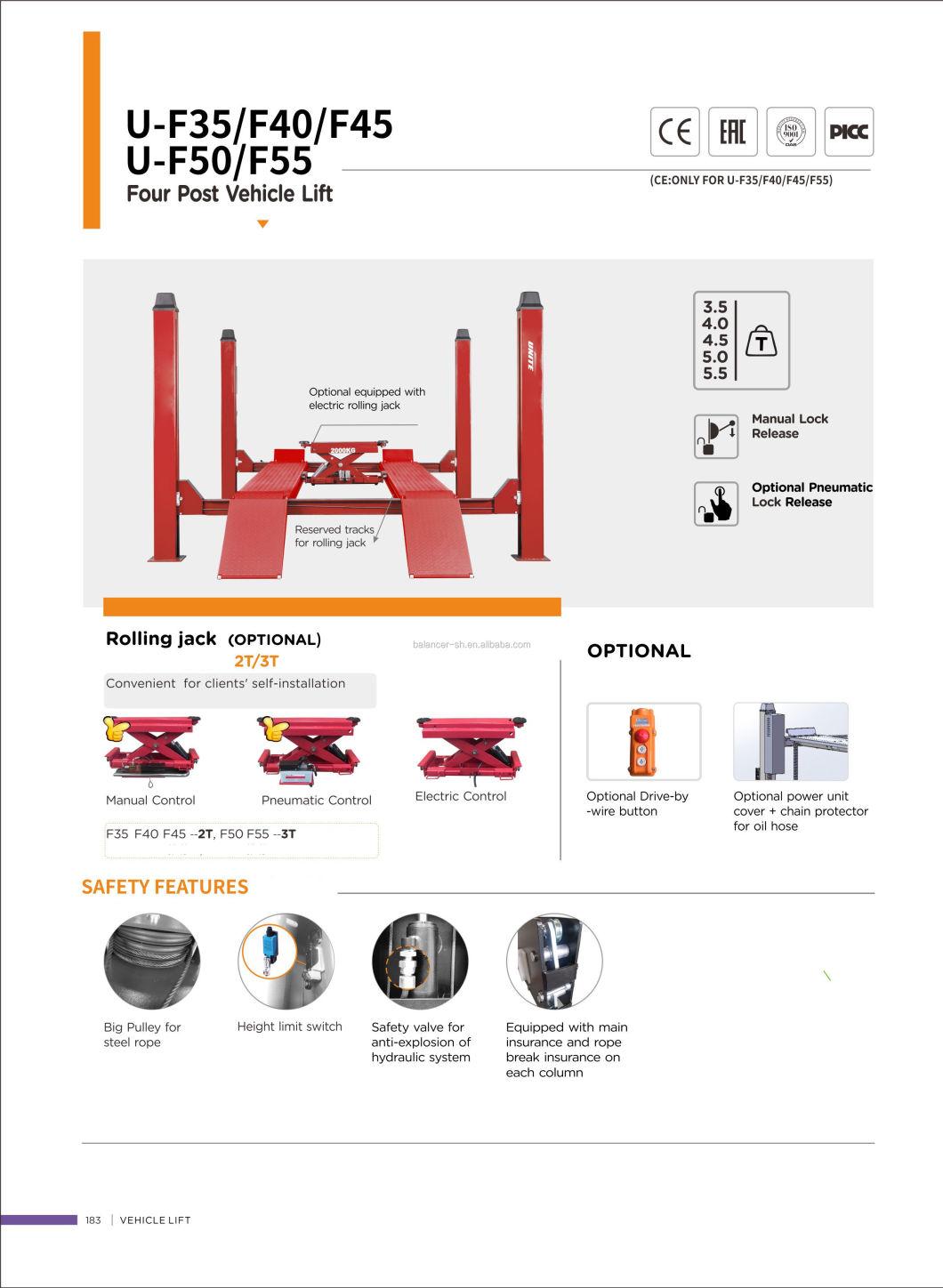 5.5 T Capacity U-F55 Four Post Lift Hydraulic Garage Car Lift Four Wheel Alignment 4 Post Lift for Sale