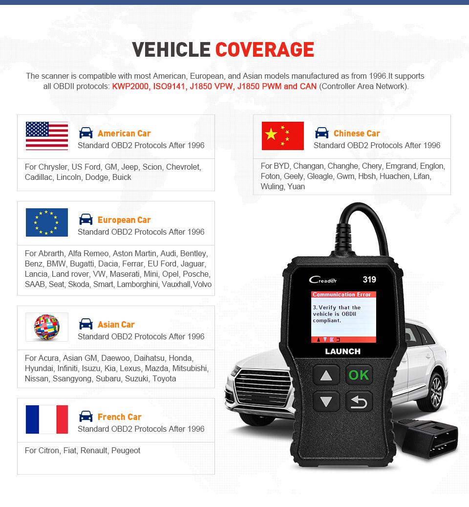 Launch X431 Creader 319 Cr319 Auto Code Reader Full Obdii Eobd Automotive Diagnostic Tool OBD2 Scanner Launch Cr3001