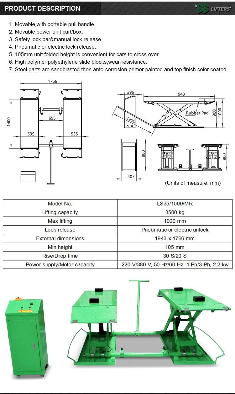 3.5 Tons Hydraulic Double Cylinder MID-Raise Scissor Auto Vehicle Car Lift for Repaire