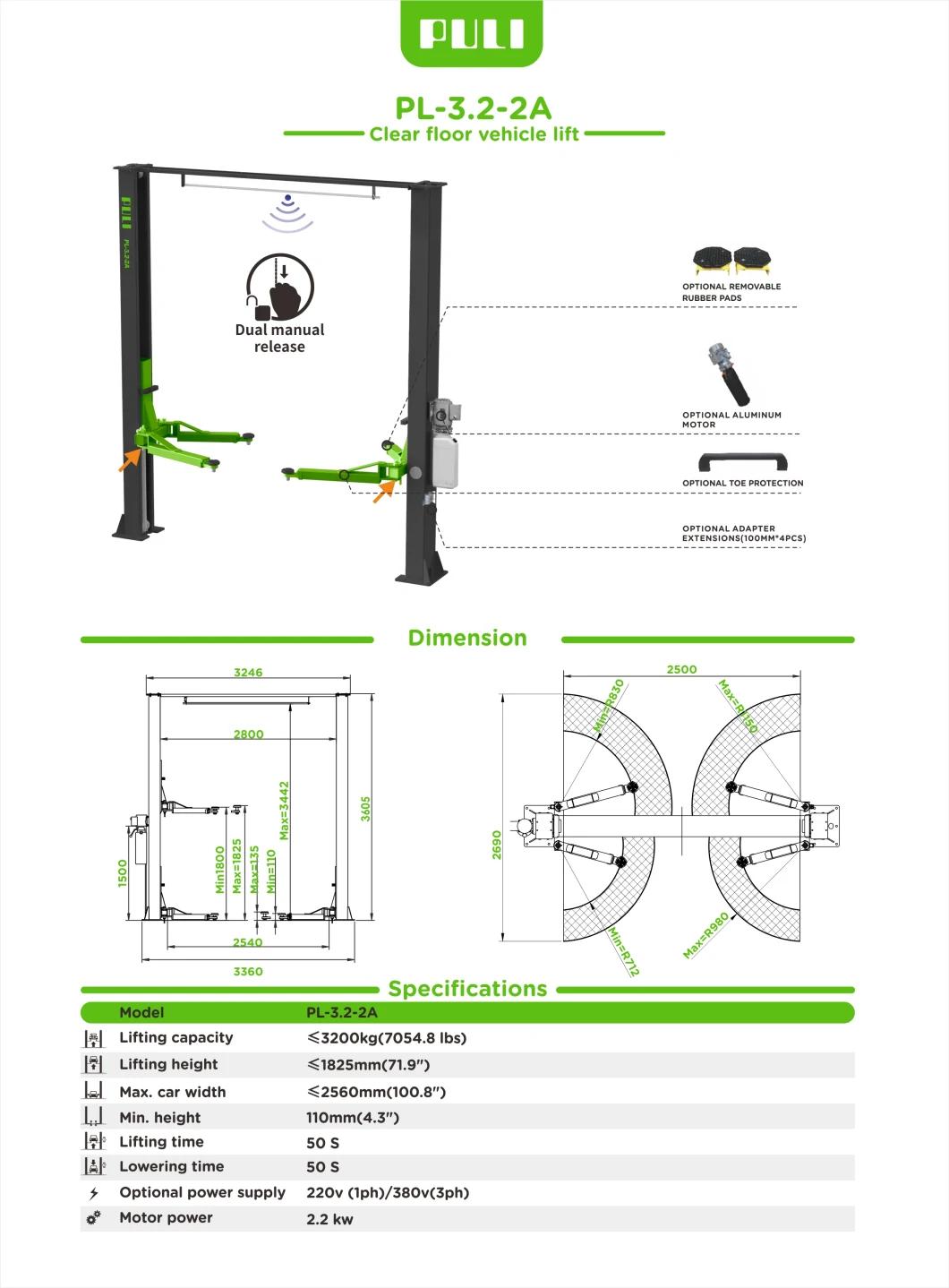 Puli Manual Release Car Lifts Two Post Lift Elevator for Car Hydraulic Two Post Lifts Pl-3.2-2A