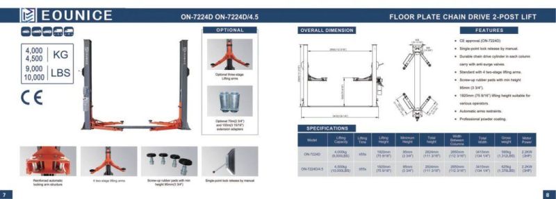 on-7224D Floorplate 2 Post Lift-One Side Manual Release and Dual Chain Drive Cylinders.