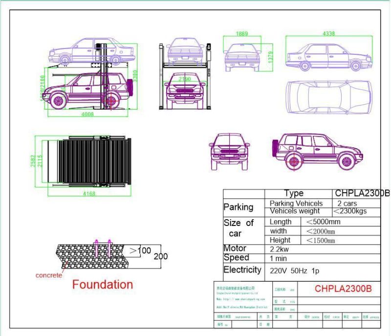 2 Level Parking Lift Car/Vehicle with Two Post Parking Solution