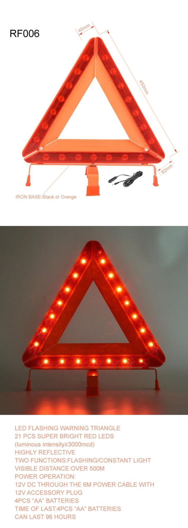 21PCS LED Light Warning Triangle Flashing/Constant Light Accessory Plug/Batteries LED Warning Triangle