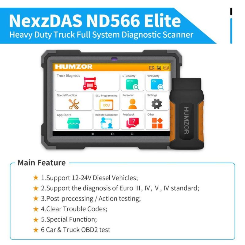 Humzor Nexzdas ND566 Elite Heavy Duty Truck Full System Diagnostic Scanner for 12-24V Diesel Vehicles OBD2 Tools