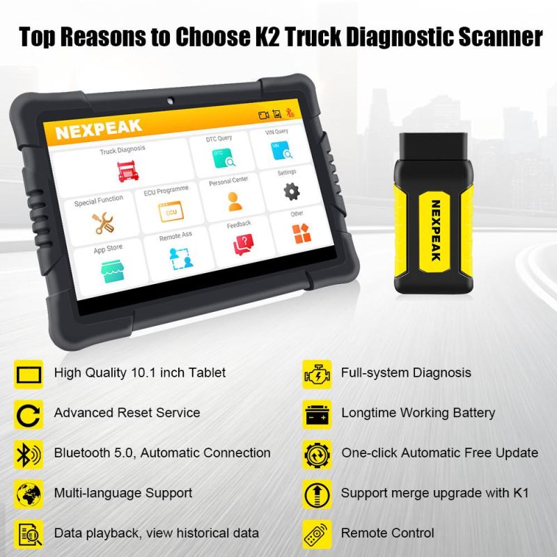 Nexpeak K2 Heavy Duty Truck Diagnostic Scanner Engine ABS Airbag DPF Odometer Adjustment Full System Truck Diesel OBD2 Diagnostic Tool