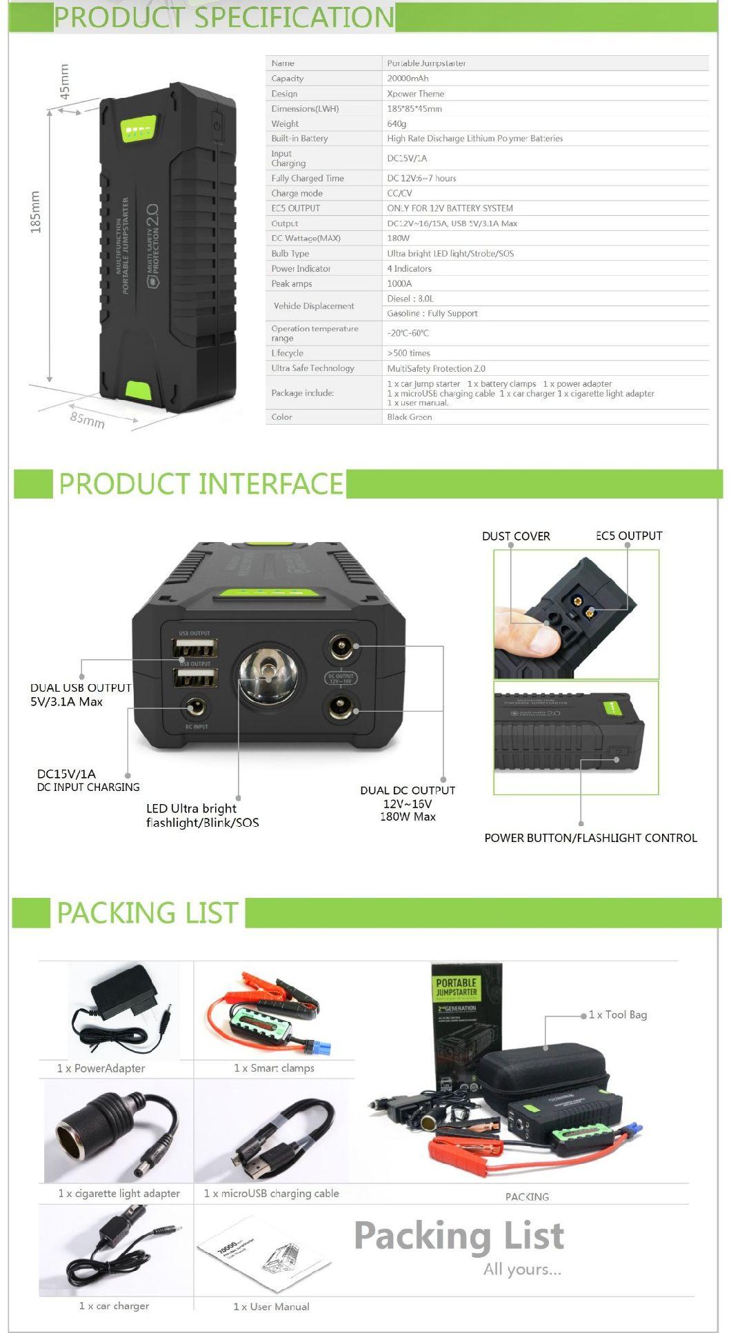 1000A Peak Current Portable Jump Starter Power Booster for Car & Truck