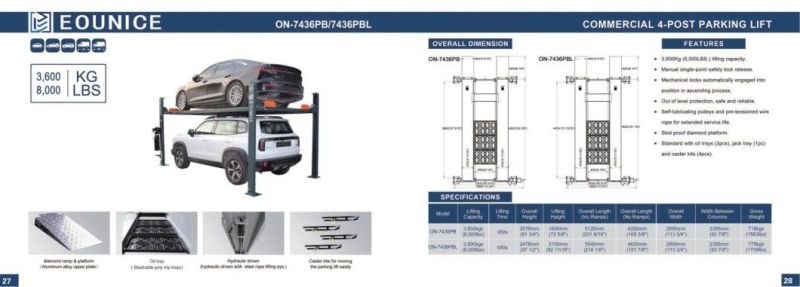 on-7436pb Hydraulic Four Post Car Parking Lift with Movable Caster Kits