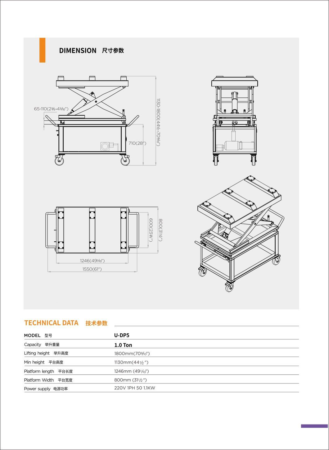 1 T Capacity U-Dp5 Capacity EV Battery and Powertrain Lift Table for Home Garage Electric Auto Scissor Car Lift Electric Hydraulic Lifting Table