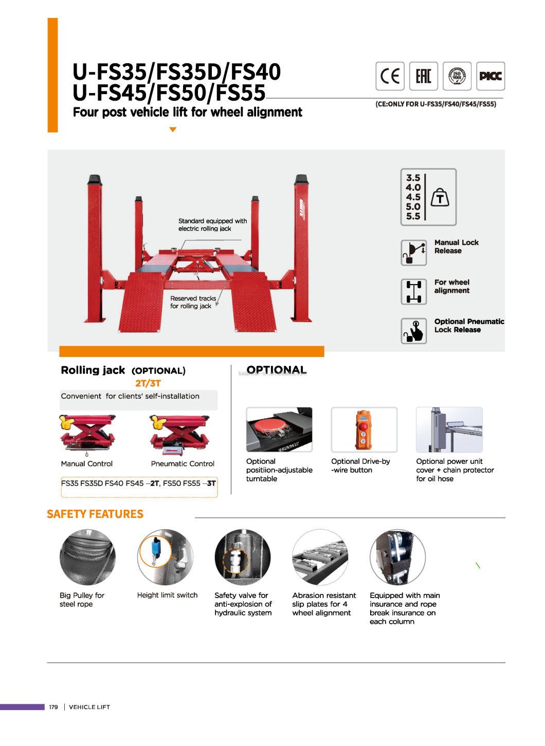 Unite 4 Post Car Lift 5.0 T Capacity U-Fs50 Alignment Rack Four Post Vehicle Lift for Car Hoist