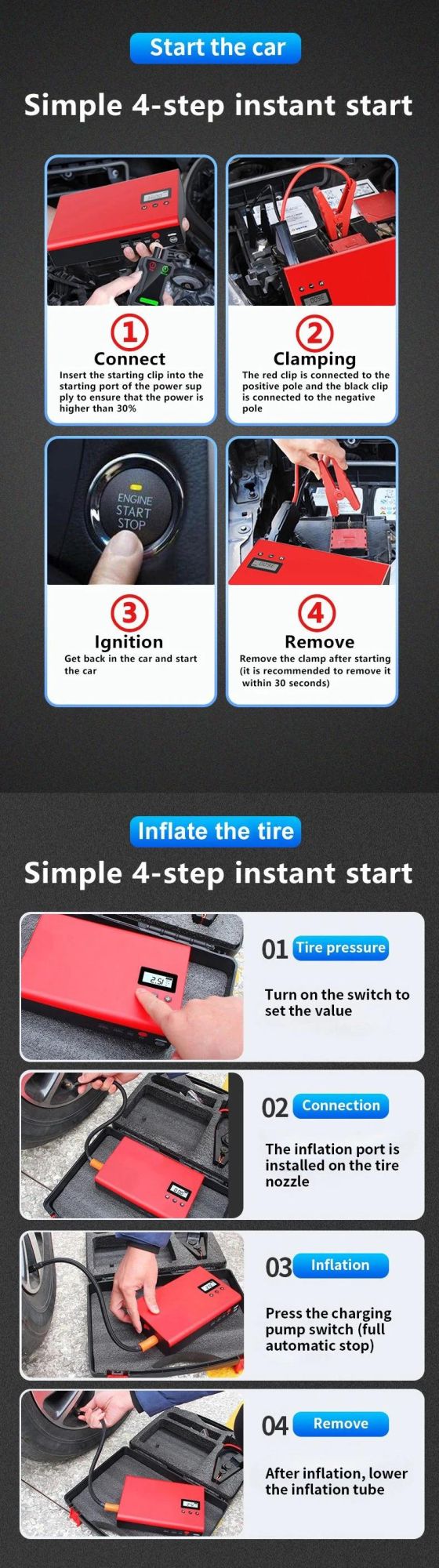 Portable Jump Box Starter Pack Car Battery Jump Starter with Air Compressor Tyre Inflator