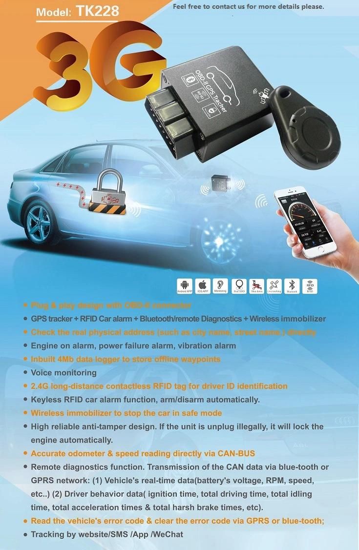 OBD2 GPS Tracker Car Alarm J1939 Anti-Tamper RFID Tag Wireless Immobilizer Cut off Engine (TK228-DI)