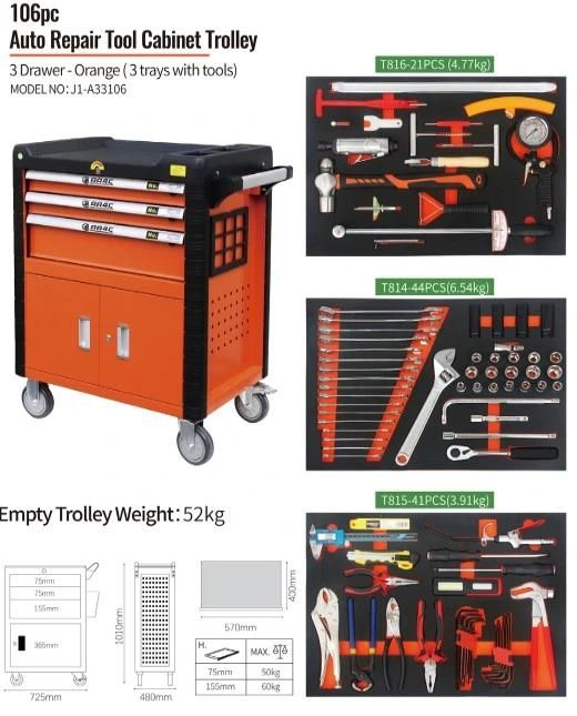 AA4c 106PCS High Grade 3 Drawers Tool Cabinet Trolley AA-A33106