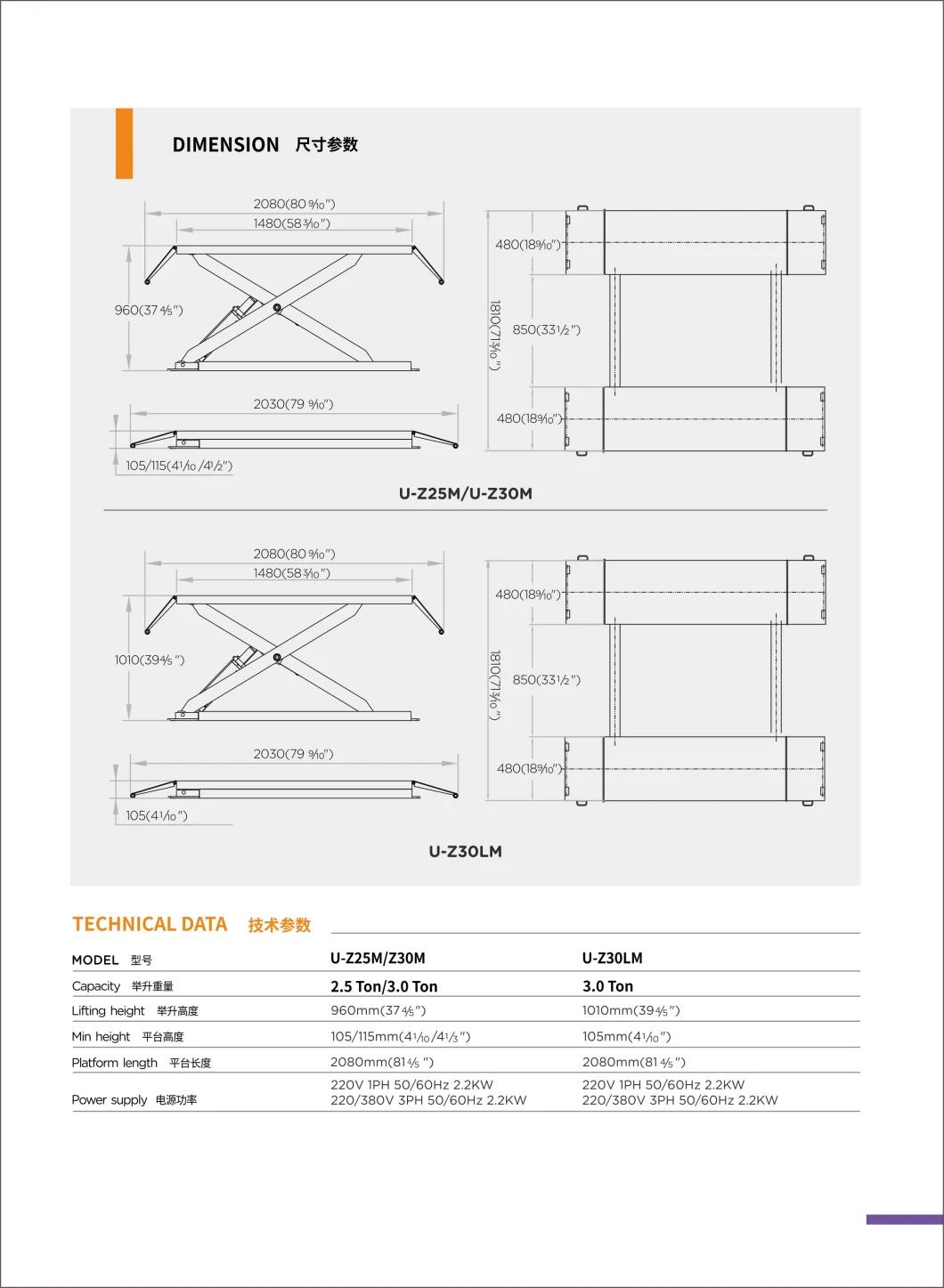 Car Scissor Lift Table 2.5 T Capacity U-Z25m Mobile MID-Rise Scissor Lift for Garage Equipment
