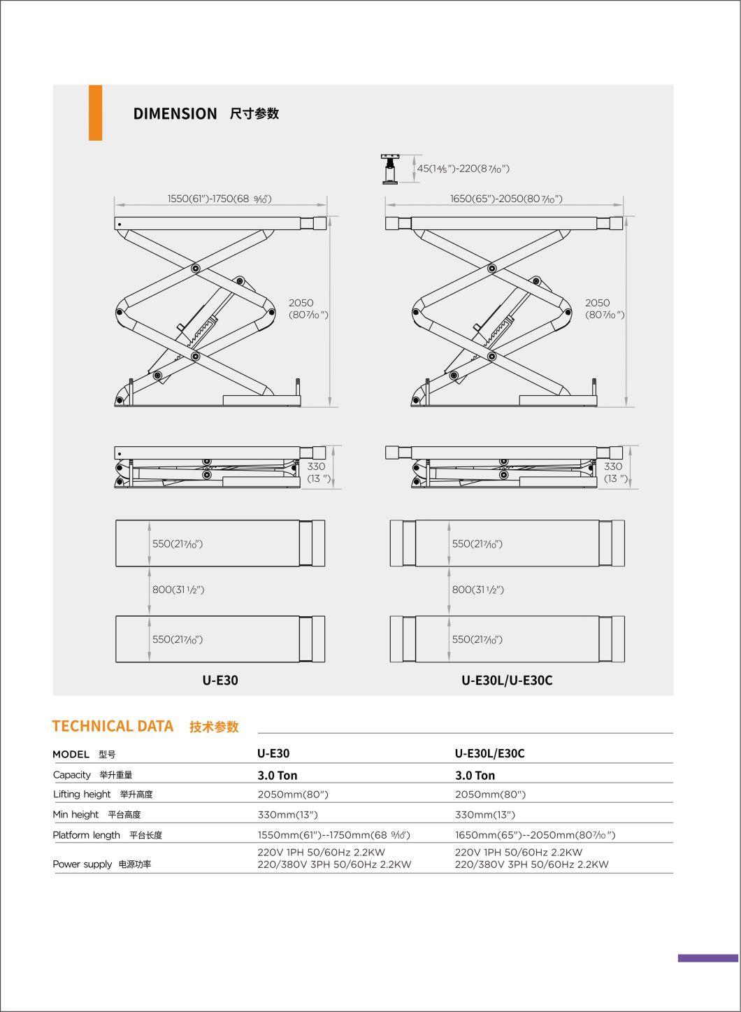 Unite Platform Scissor Lift 3.0 T Capacity U-E30c Full Rise Hydraulic Scissor Lift