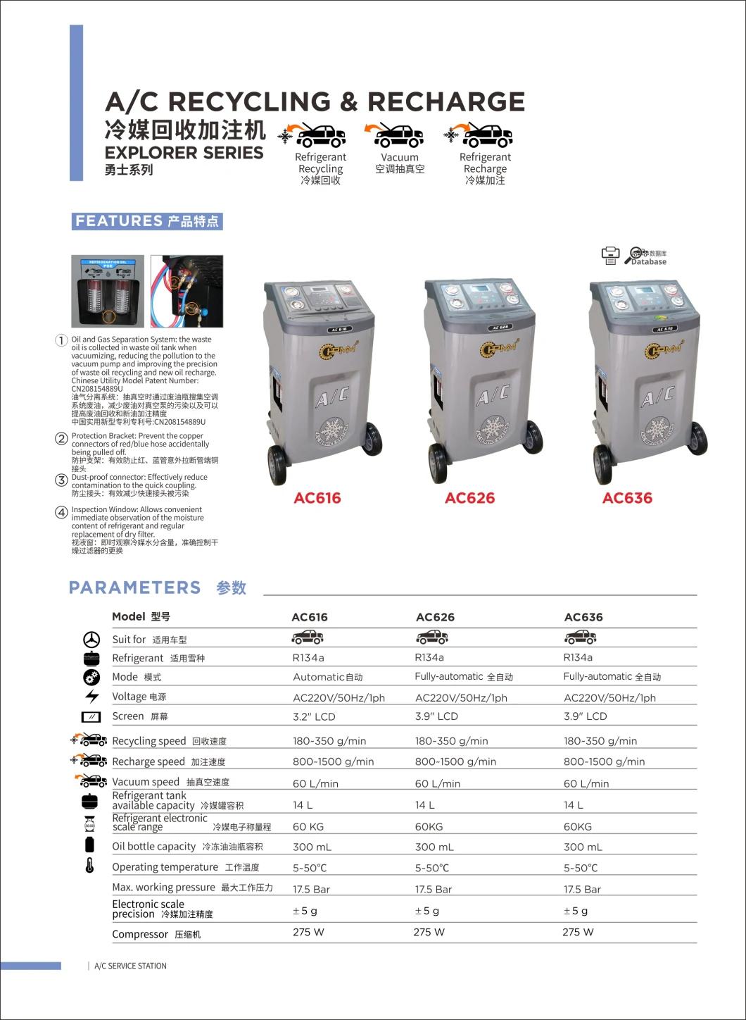 A/C Recovery Machine AC626 A/C Recycling & Recharger R-134A Refrigerant Recovery, Recycling and Recharging Machine