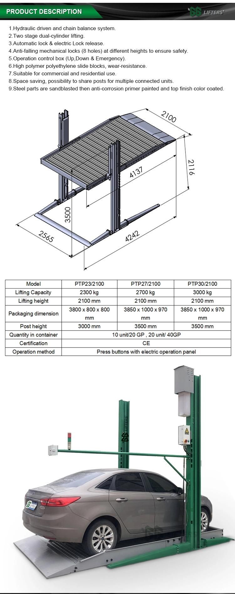 Ce certified car parking lift for two vehicles 2300kg 2700kg