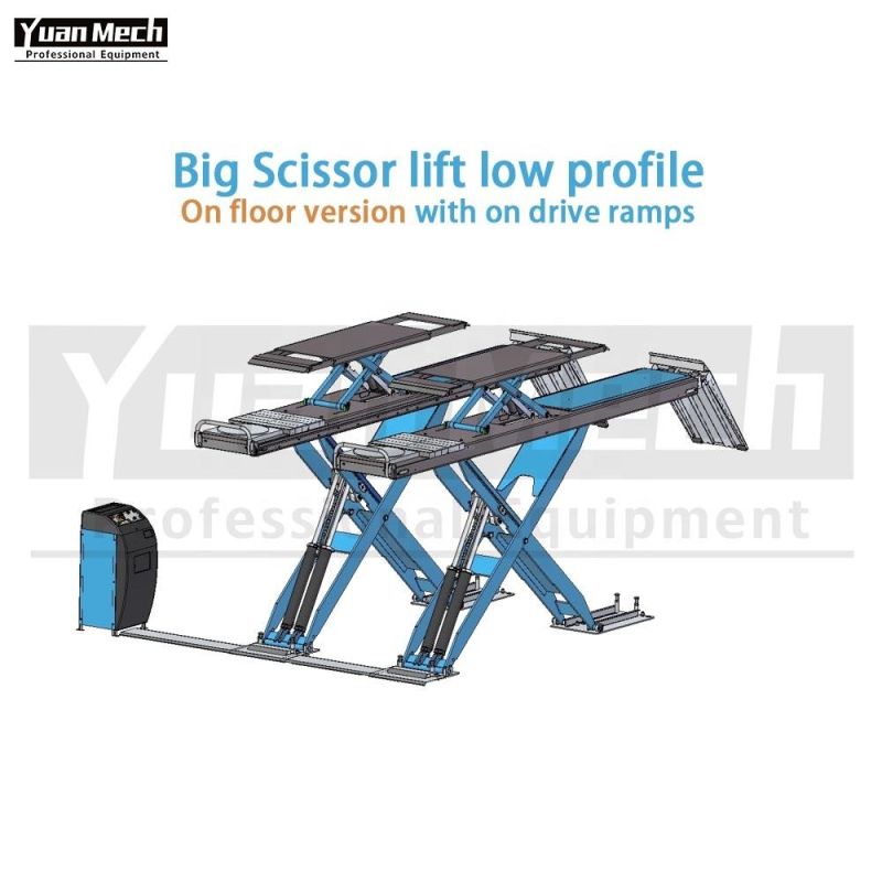 Yuanmech Bol5052wtr on Floor Big Scissor Lift for Wheel-Alignment Low Profile with Lift Table and on Drive Ramps 1.000 mm