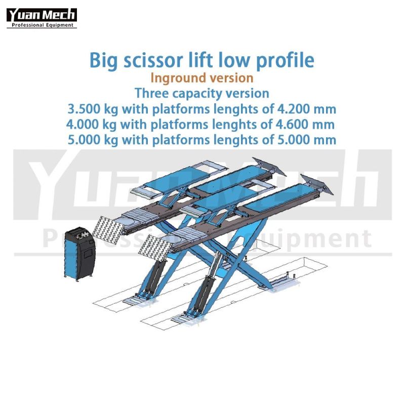 Yuanmech Bol4046wtr on Floor Big Scissor Lift for Wheel-Alignment Low Profile with Lift Table and on Drive Ramps 1.000 mm