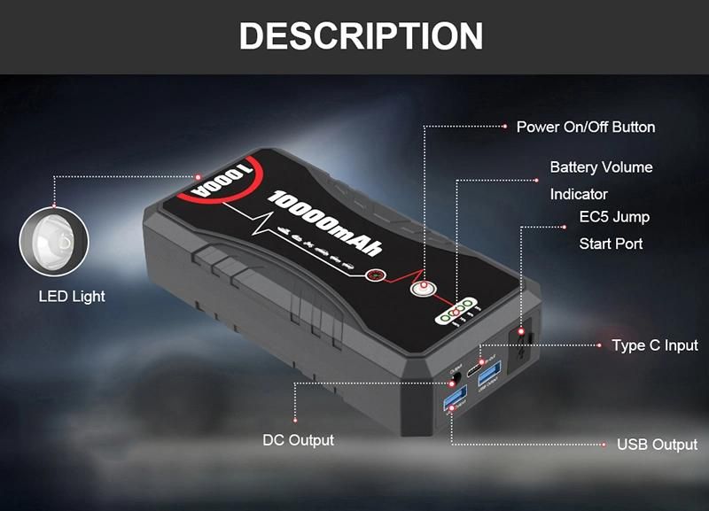 800A Peak Lithium Portable Vehicle Battery Pack Jumper Box Car Jump Starter