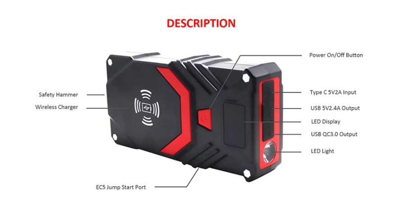 1600A Peak Current Vehicle Lithium Battery Jumper Box Start Pack Portable Car Jump Starter